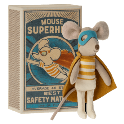 Maileg Superhero-Maus  kleiner Bruder in der Streichholzschachtel